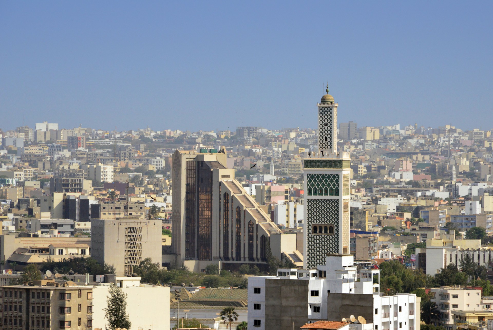 BCEAO Building and the minaret of the Grand Mosque, Dakar, Senegal